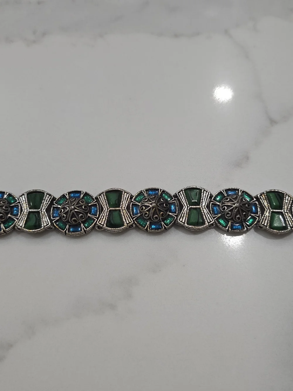Vintage Signed MIRACLE Celtic Faux Malachite Link Bracelet